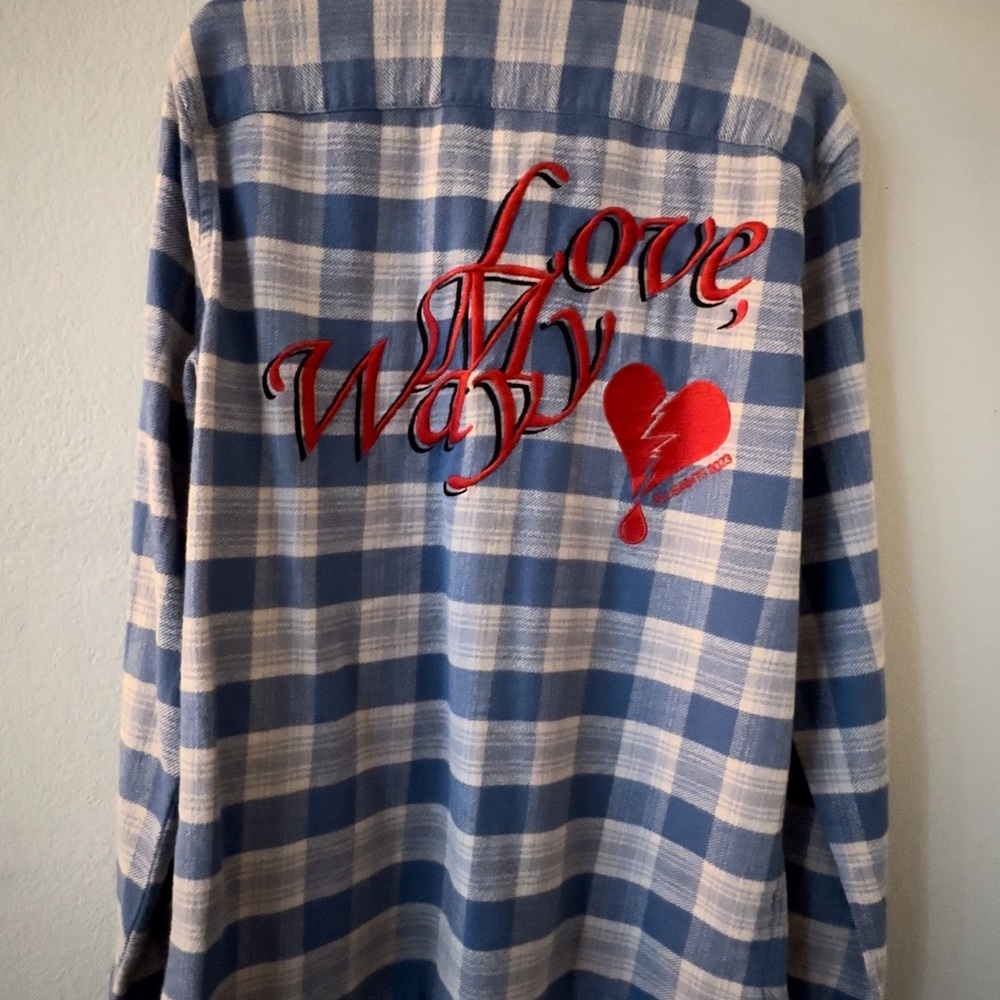 Blue and White Plaid Shirt with Red Embroidery